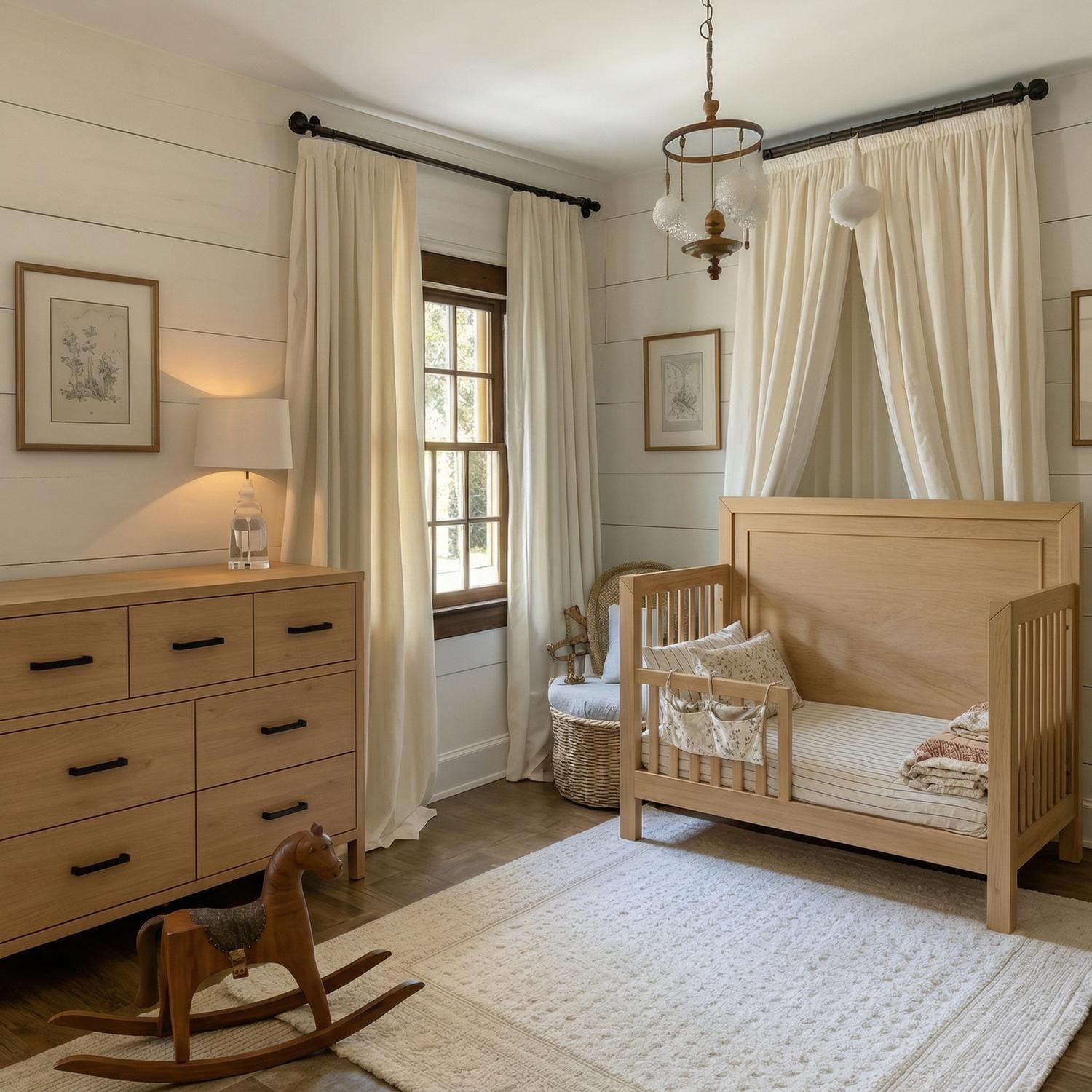 Light oak toddler daybed and dresser against white shiplap walls
